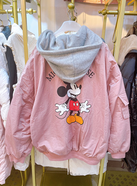 米奇减龄拼接撞色落肩棒球服女冬2025爆款休闲宽松羽绒服夹克外套