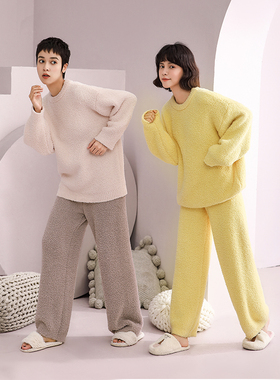 安之伴珊瑚绒睡衣女秋冬季半边绒圆领长袖家居服套装大码加厚保暖