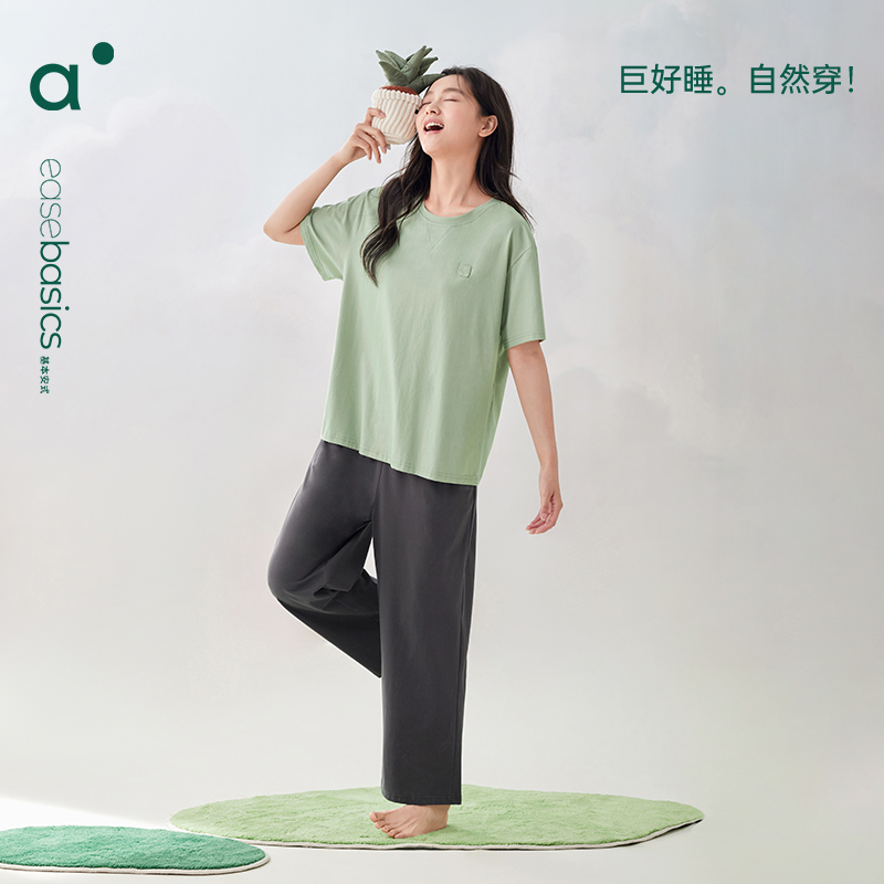 安之伴纯棉睡衣女夏款短袖长裤薄