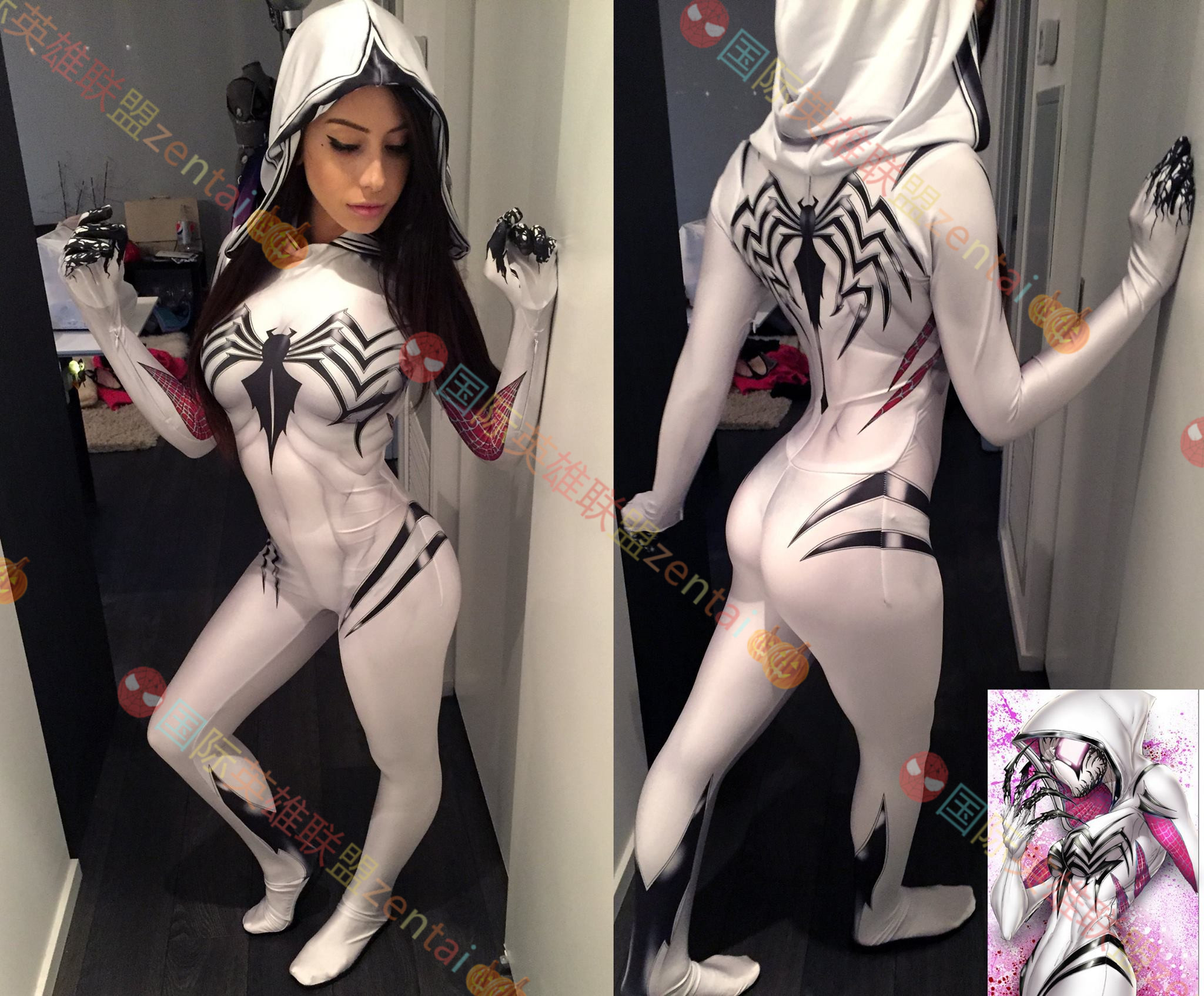 白色女款格温蜘蛛侠毒液Gwen Spiderman cosplay紧身衣zentai服-封面