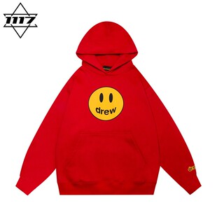 潮牌纯棉外套上衣秋冬 男女情侣美式 正品 drew连帽卫衣大红笑脸帽衫