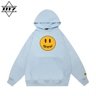 潮牌纯棉外套上衣秋冬 男女情侣美式 正品 drew连帽卫衣冰蓝笑脸帽衫