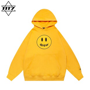 潮牌纯棉外套上衣秋冬 男女情侣美式 正品 drew连帽卫衣黄色笑脸帽衫