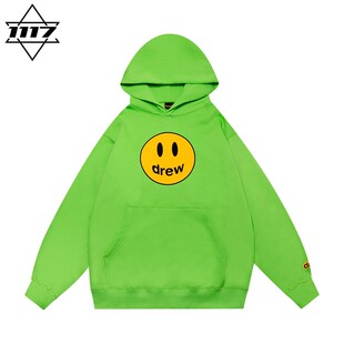 潮牌纯棉外套上衣秋 男女情侣美式 正品 drew连帽卫衣莱姆绿笑脸帽衫