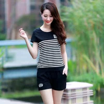 夏季短裤条纹运动服女装新款时尚休闲套装显瘦大码短袖两件套。|ruв категории Женская одежда, костюм/студенты школьную форму/обмундирования, досуг, спортивный костюм - от Buy2taobao.com для оказания профессиональной услуги покупки агента Taobao