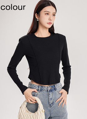 oldcolour春季新款纯色圆领简约休闲百搭短款长袖T恤女Q110203A1