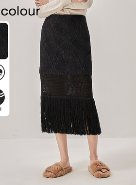 oldcolour冬新款黑色气质中长款蕾丝针织半身裙女O42063274
