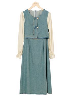 oldcolour秋季新款国风文艺复古长袖牛仔连衣裙女P381009A1-699