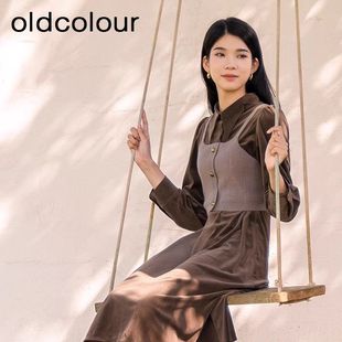 oldcolour复古时尚气质茶歇假两件长袖连衣裙女BQ421009A1