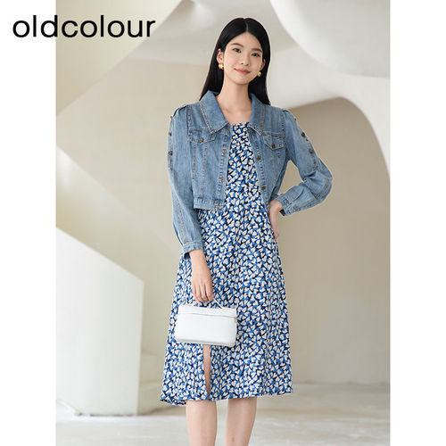 oldcolour秋季新款时尚牛仔外套+碎花连衣裙女两件套BQ391011A1