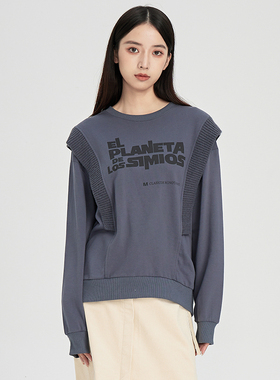 oldcolour蓝色休闲卫衣2022冬新款针织拼接设计感小众宽松上衣女