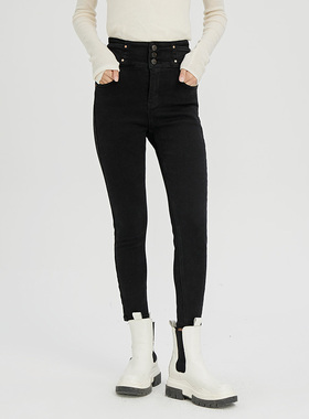 oldcolour黑色高腰显瘦牛仔裤2022冬新款修身百搭铅笔裤小脚裤女