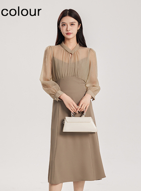 oldcolour春季新品时尚通勤气质显瘦长袖连衣裙女Q131014A1