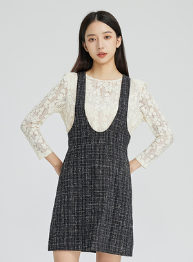 oldcolour黑色收腰背带裙2022冬新款减龄小个子气质连衣裙两件套