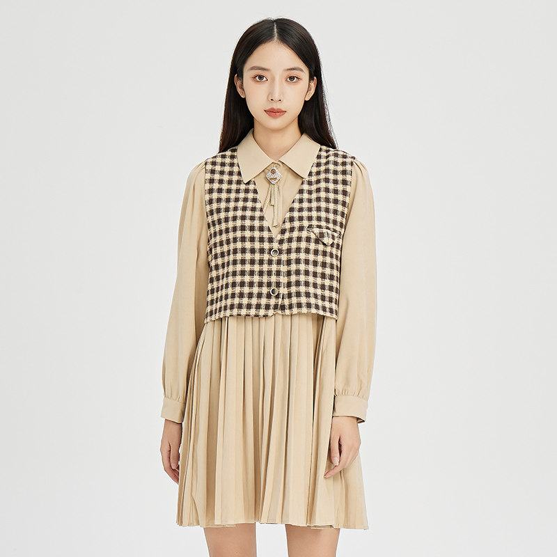 oldcolour卡其色衬衫连衣裙2022冬新款格子马甲两件套气质长裙女