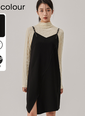 oldcolour冬新款黑色V领宽松开叉短款吊带连衣裙女O42104287