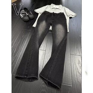 复古微喇牛仔裤 美式 女夏季 黑色裤 300斤大码 子显瘦阔腿拖地裤 女装