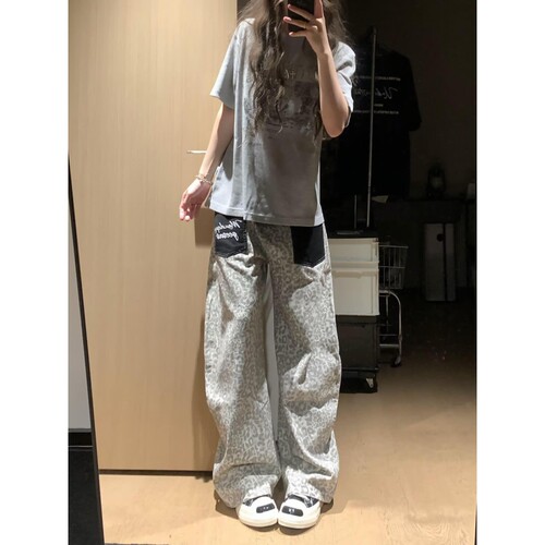 DHSS美式复古豹纹贴布口袋牛仔裤男女宽松街头阔腿弯刀休闲长裤