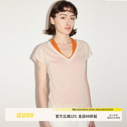 SEEKSIMPLE 亚麻混纺抗皱透气V领连肩小飞袖宽松显瘦短袖t恤上衣
