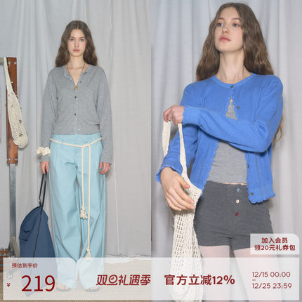 SEEKSIMPLE 细软舒适|精梳棉+羊毛|贝壳扣圆领花边宽松针织开衫