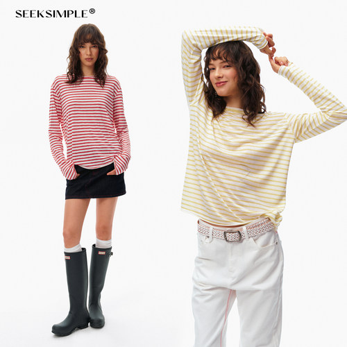 SEEKSIMPLE 麻感纱线|宽松显瘦|条纹卷边宽松居家长袖t恤D0445