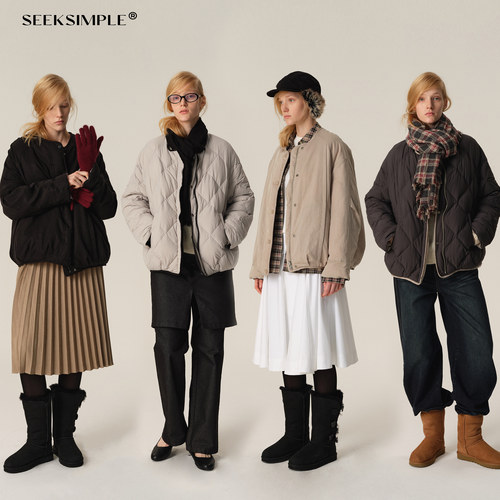 SEEKSIMPLE 双面穿圆领廓形羽绒服冬季宽松显瘦白鸭绒菱格短外套