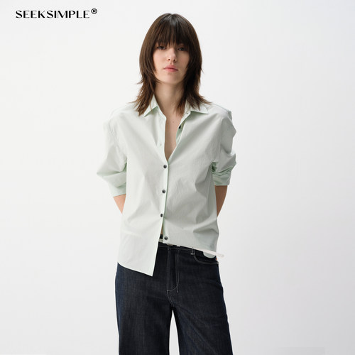 SEEKSIMPLE 全棉纯色翻折袖口长袖衬衫D0222