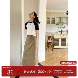 裙女春夏bella風(fēng)中長款 SEEKSIMPLE 美式 復(fù)古工裝 卡其色顯瘦半身裙