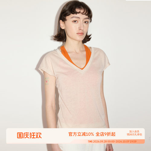 SEEKSIMPLE 亚麻混纺抗皱透气V领连肩小飞袖宽松显瘦短袖t恤上衣