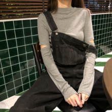 SEEKSIMPLE 针织打底衫女早秋新款长袖t恤半高领袖口破洞秋装上衣