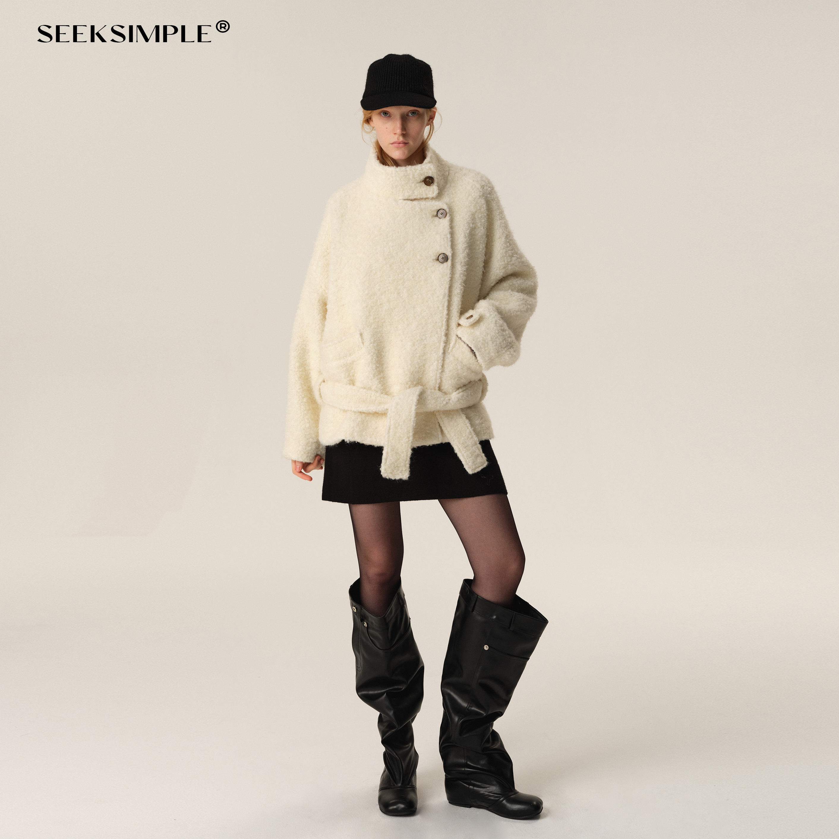 SEEKSIMPLE  羊毛蓬松绑带立领廓形外套女冬季白色毛毛保暖上衣