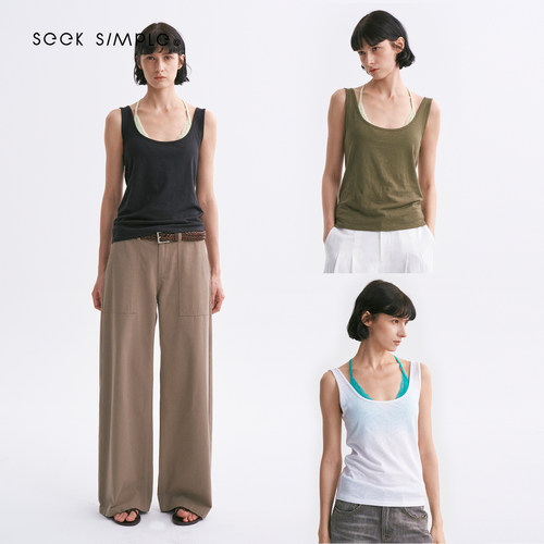 SEEKSIMPLE 亚麻混纺 基础款大U型领柔软休闲吊带背心D0945
