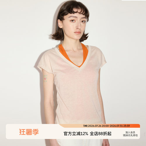 SEEKSIMPLE 亚麻混纺抗皱透气V领连肩小飞袖宽松显瘦短袖t恤上衣