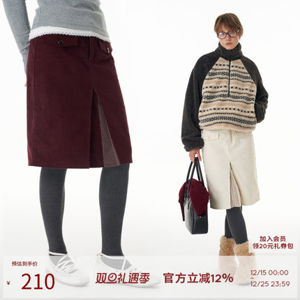 SEEKSIMPLE双层压褶设计灯芯绒半身裙复古直筒显瘦裙子女2024秋冬