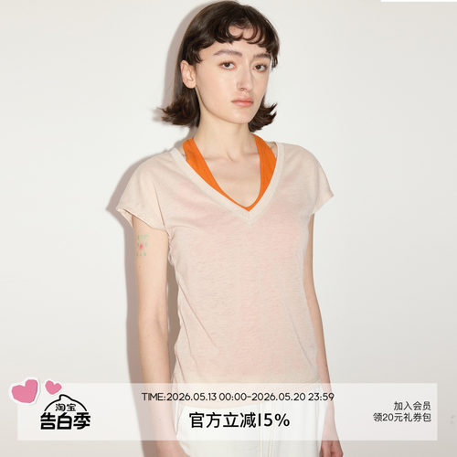 SEEKSIMPLE 亚麻混纺抗皱透气V领连肩小飞袖宽松显瘦短袖t恤上衣