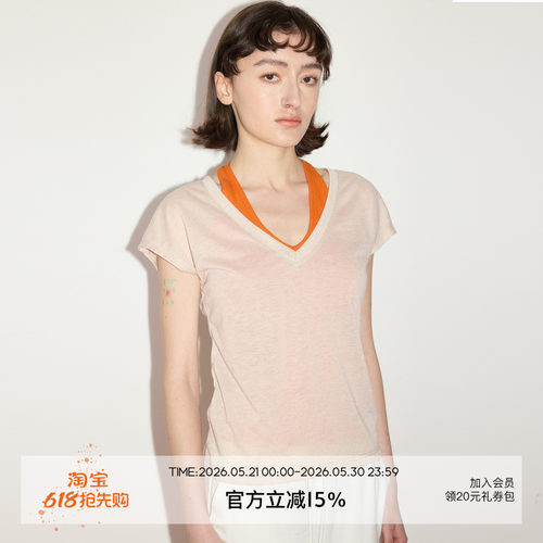 SEEKSIMPLE 亚麻混纺抗皱透气V领连肩小飞袖宽松显瘦短袖t恤上衣