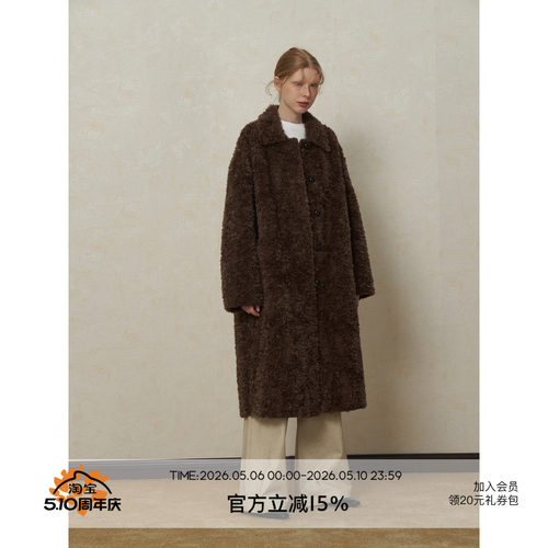 龟裂纹扣直筒羊羔毛大衣