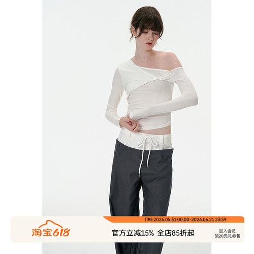 长袖通勤常规扭结斜肩褶皱修身