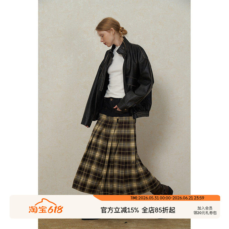 SEEKSIMPLE红色格子半身裙百褶裙女秋冬复古格纹拼接牛仔直筒长裙