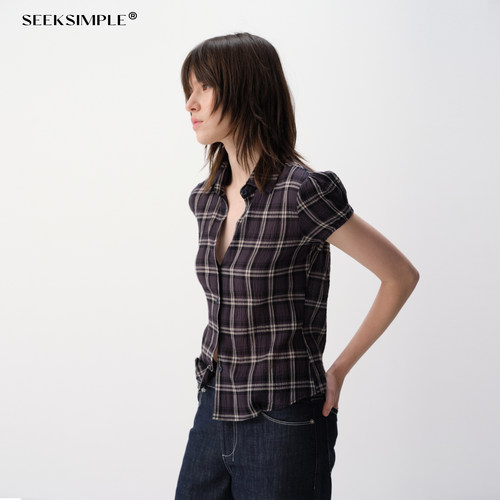 SEEKSIMPLE 全棉肌理感格纹收腰短袖衬衫D0223