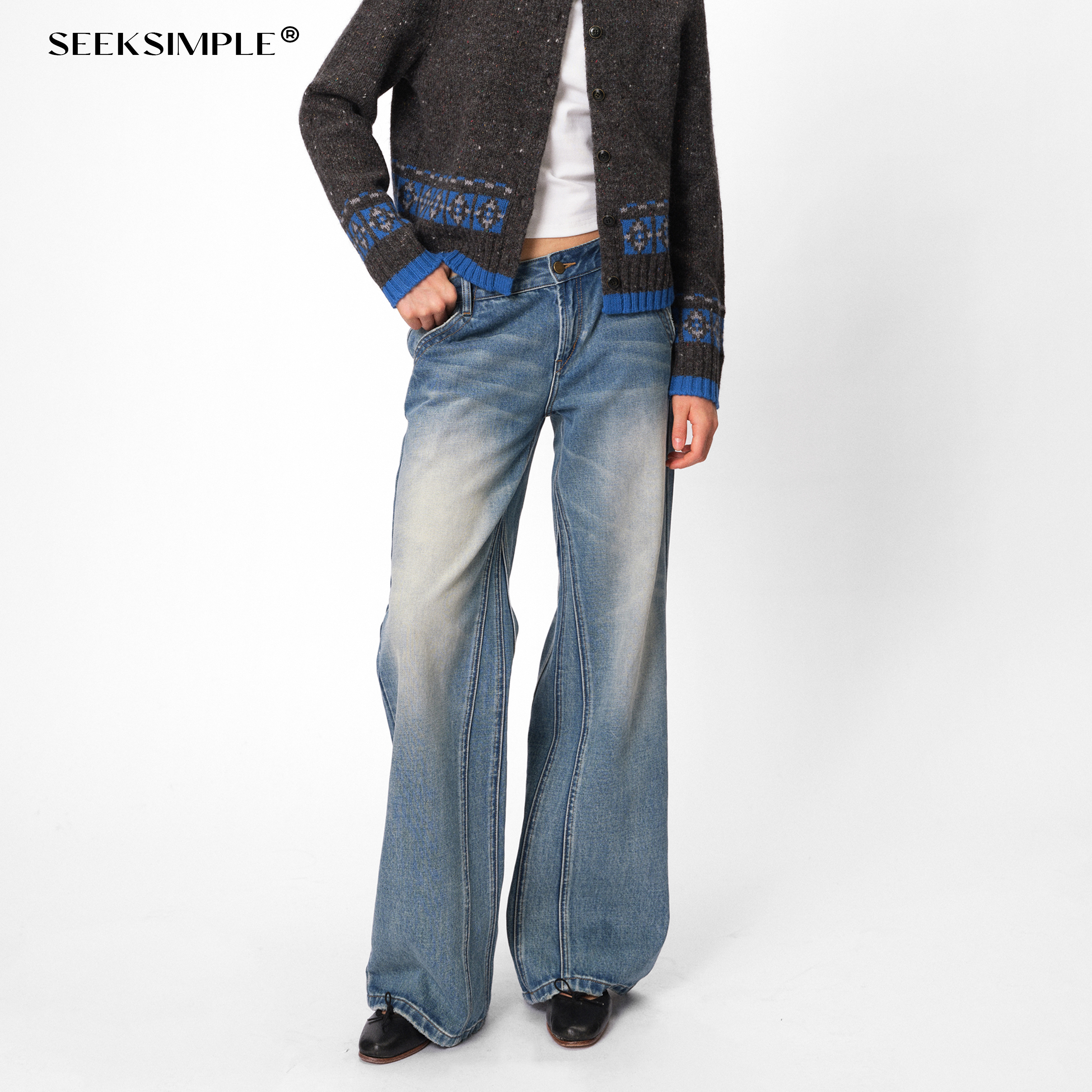 SEEKSIMPLE  中低腰复古洗水浅蓝直筒牛仔裤女宽松显瘦藏肉休闲裤
