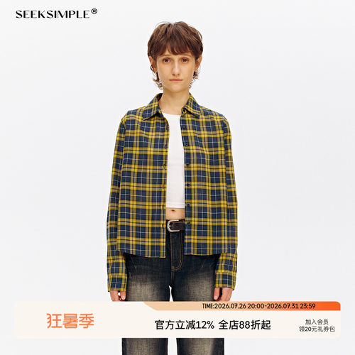 SEEKSIMPLE 日本进口三醋酸格纹长袖衬衫复古正肩修身上衣D0220