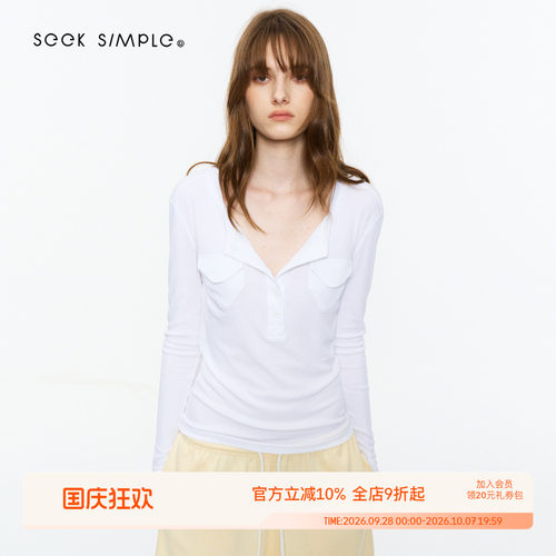 SEEKSIMPLE 超细支长绒棉 双贴袋法式亨利领长袖t恤上衣