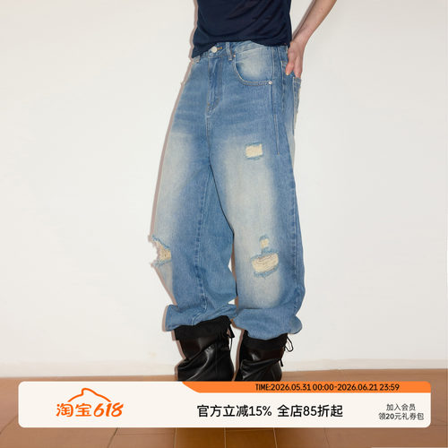 SEEKSIMPLE 100棉水洗手工破洞宽松直筒阔腿中腰显瘦廓形牛仔裤