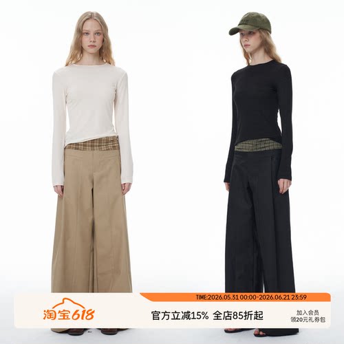 中低腰格纹通勤腰头拼接阔腿裤