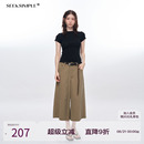 SEEKSIMPLE 复古卡其色七分阔腿牛仔裤 女低腰宽松直筒休闲中短裤