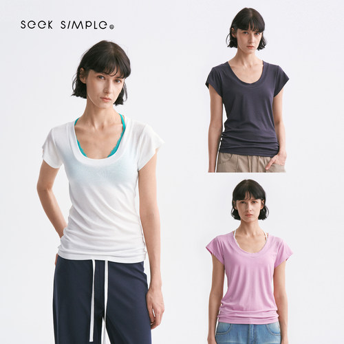 SEEKSIMPLE 醋酸莱赛尔 丝滑凉感大U领宽松飞袖短袖T恤D0468