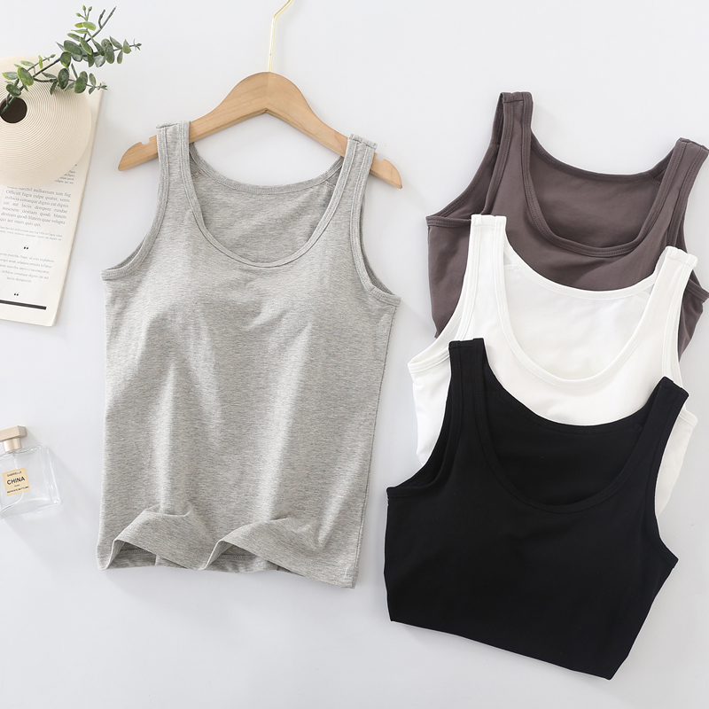 简约纯棉女带胸垫圆领背心