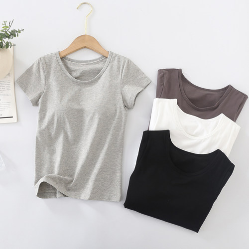 简约纯棉女罩杯一体圆领短袖T恤