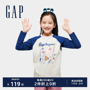 长袖 Gap女童2024春季 logo高弹撞色插肩袖 上衣890403 新款 T恤儿童装